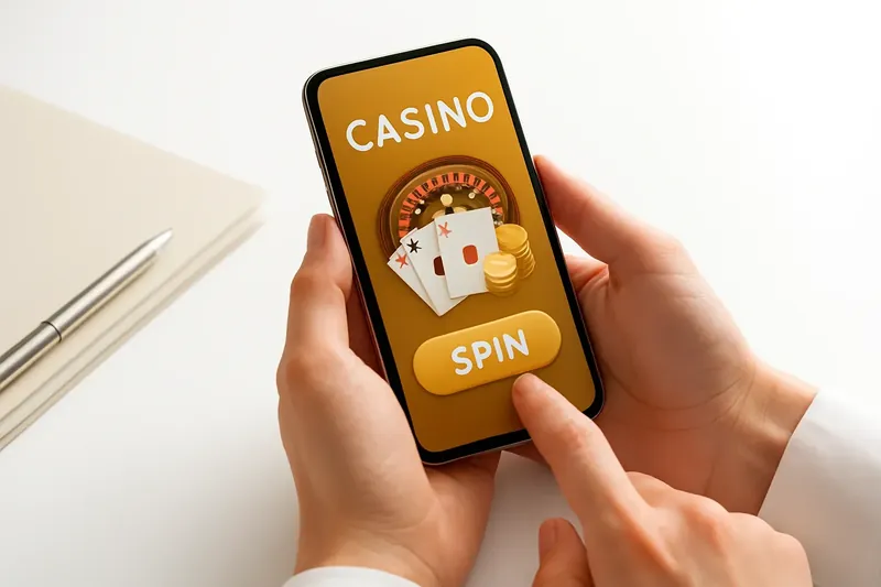 Hands holding phone with casino app above clean white desk