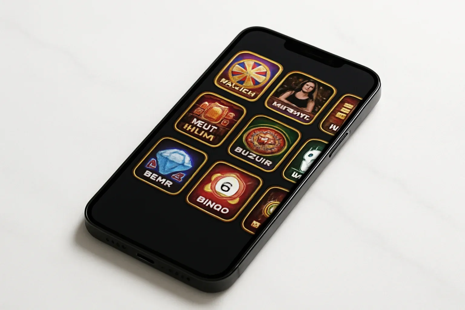 Casino App Flatlay Smartphone on white marble showing bright casino game selection grid
