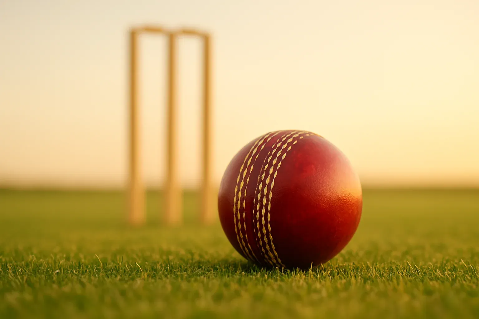 Red cricket ball on mown grass with stumps at dusk