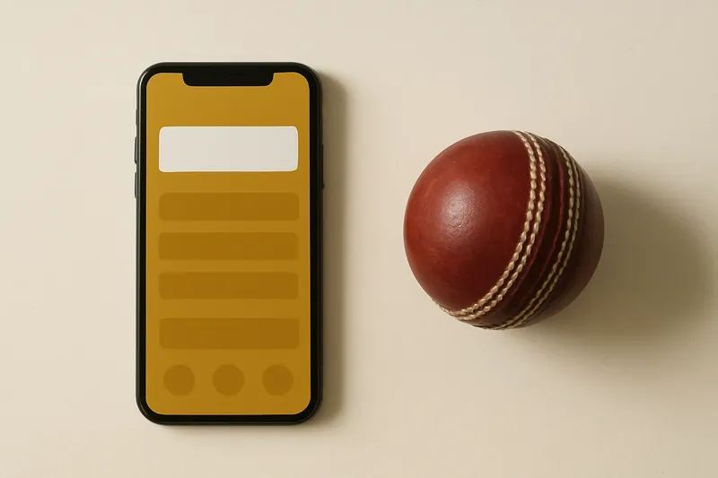 Smartphone with betting app beside cricket ball on white background