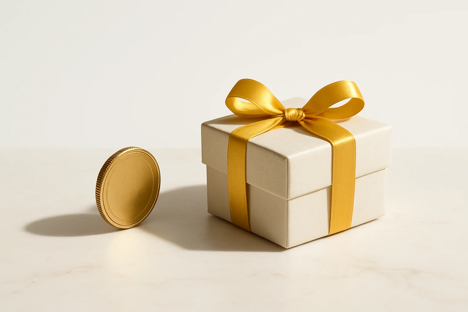 Single gold coin beside small unwrapped gift box on marble surface