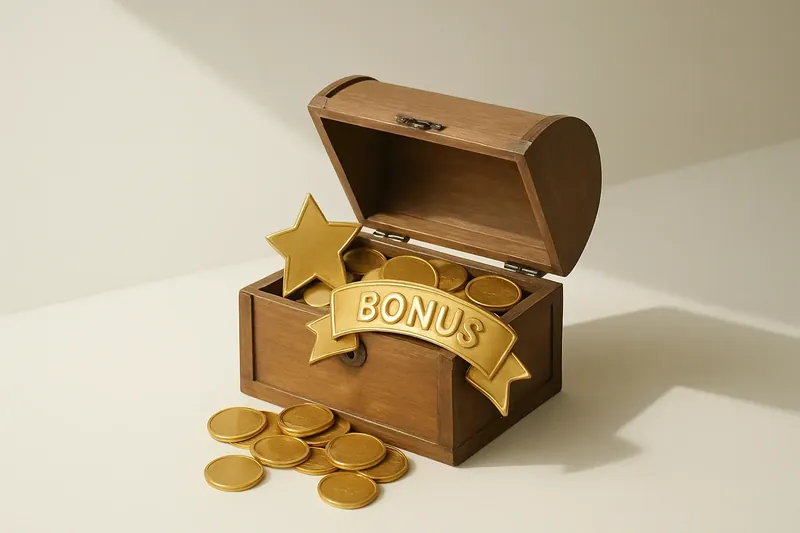Open treasure box with gold coins, star badge, and bonus ribbon