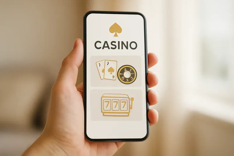 Hand holding smartphone with clean light-themed casino interface in warm lighting