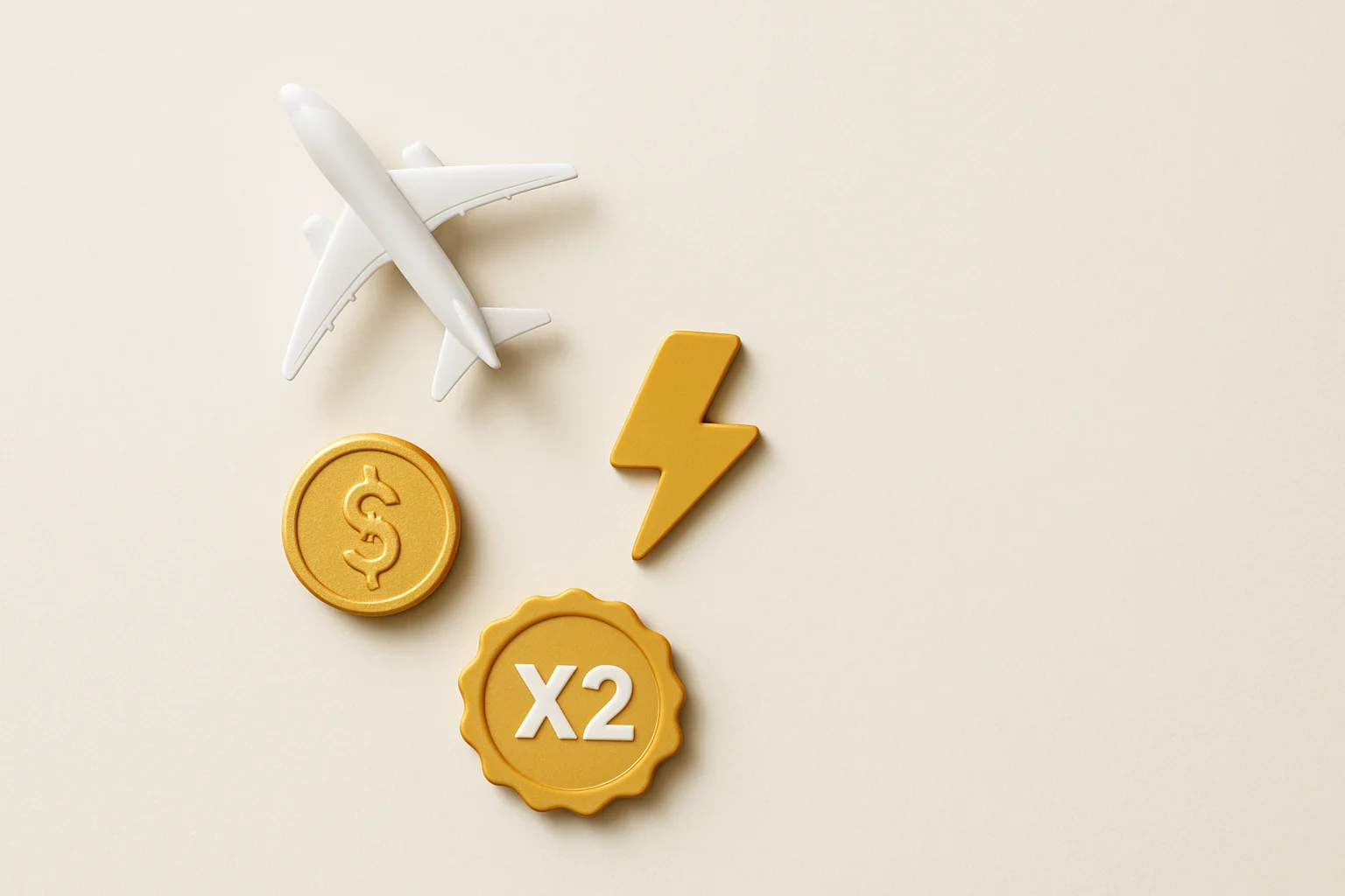 Overhead flat lay of airplane, gold coin, lightning token, and multiplier badge