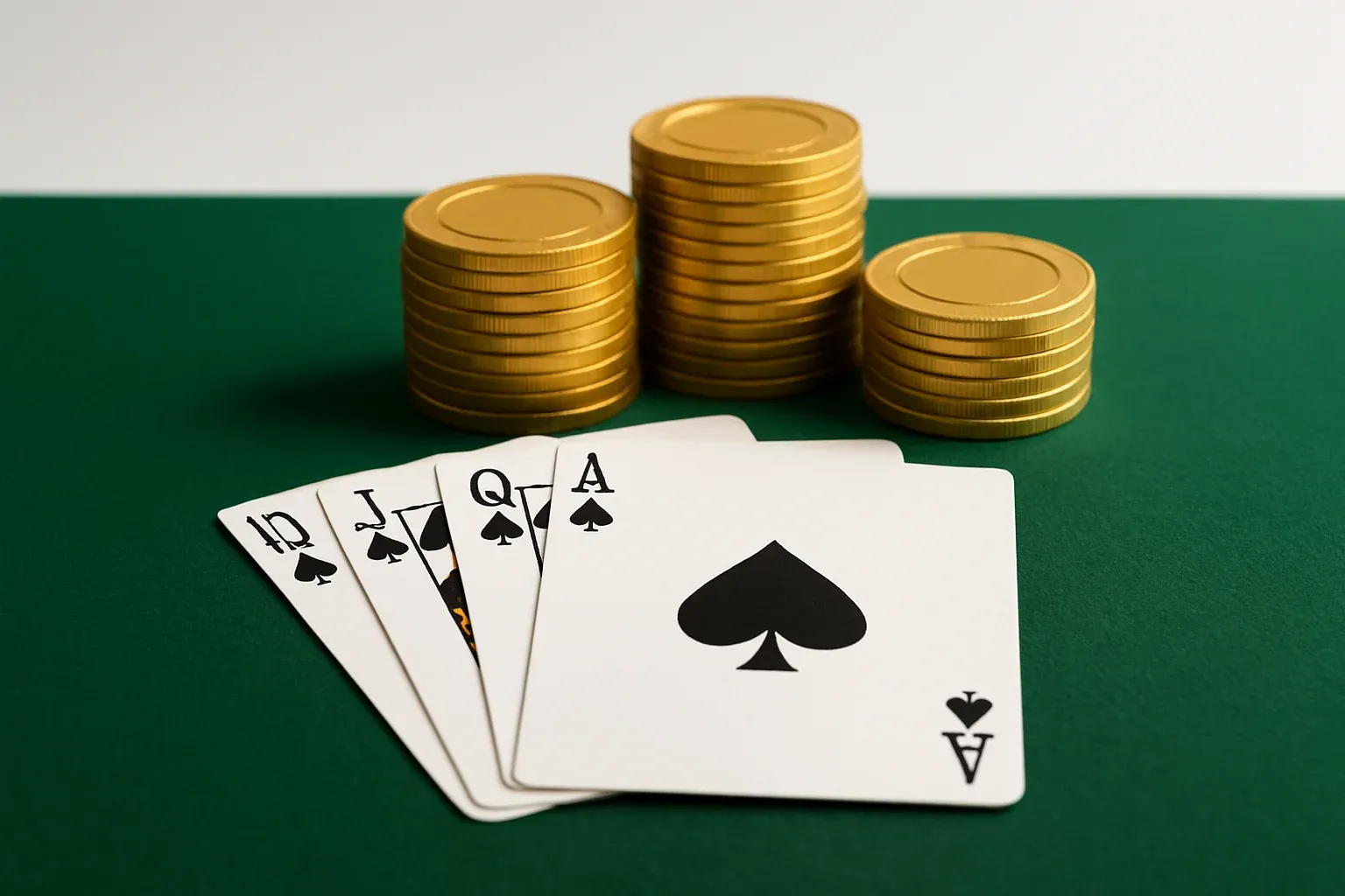 Green felt casino table with cards and stacked gold chips