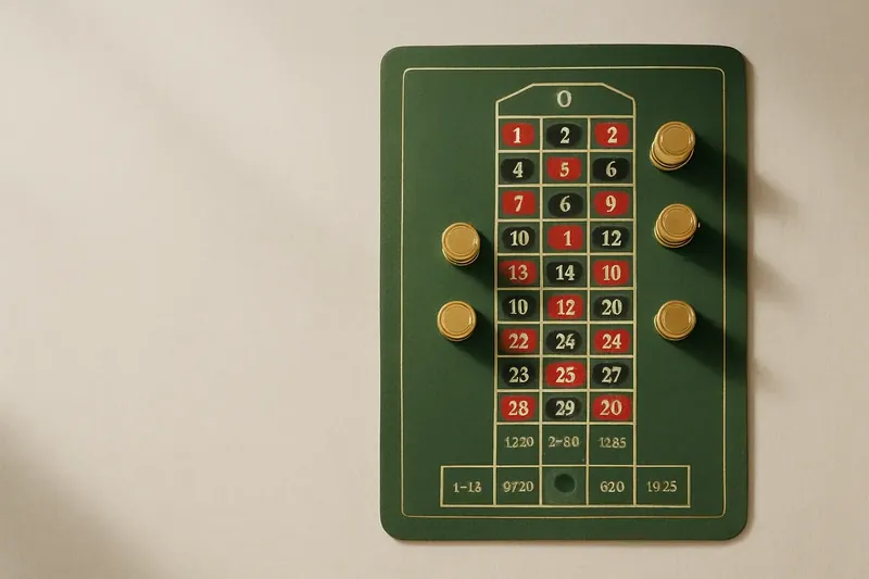 Top-down roulette table layout with gold chip stacks on green felt