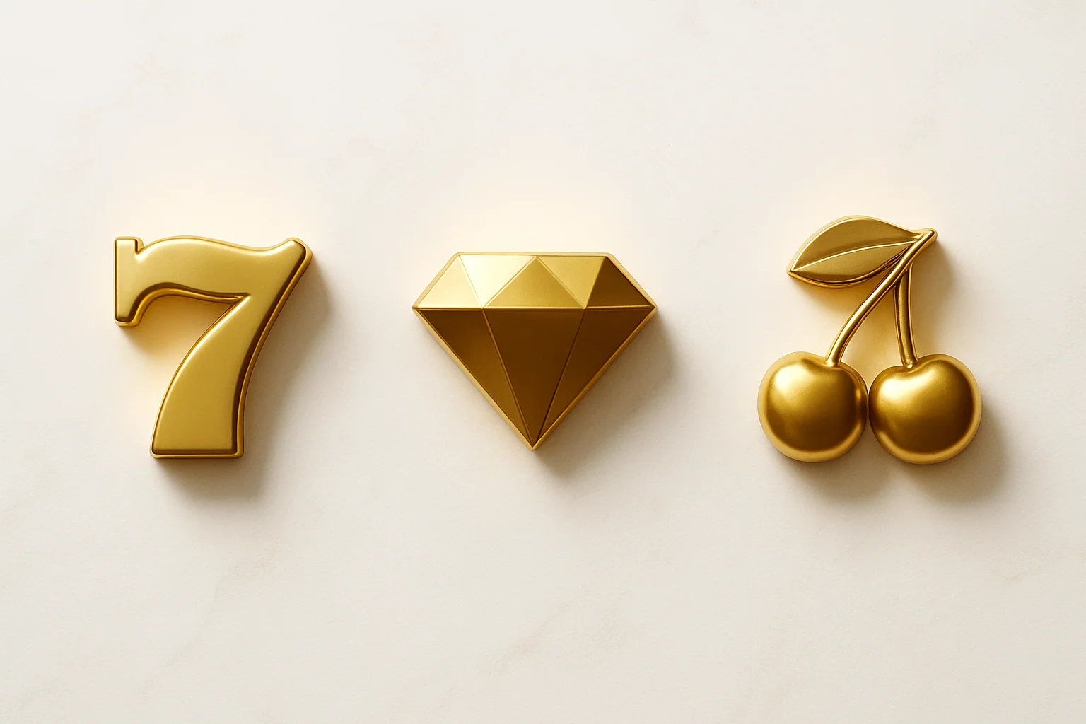Three polished slot symbols on white marble with warm spotlights